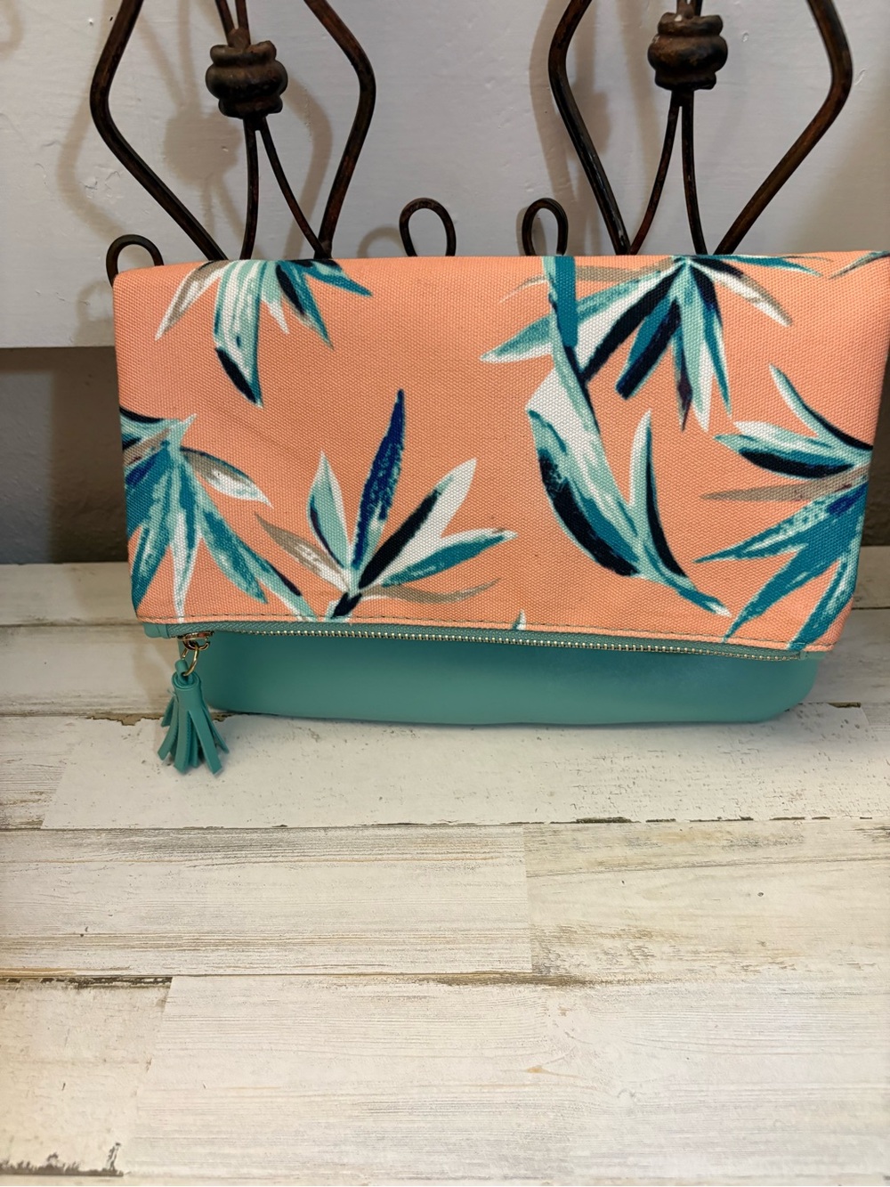 Coral Floral Fold-Over Wristlet with Teal Base
